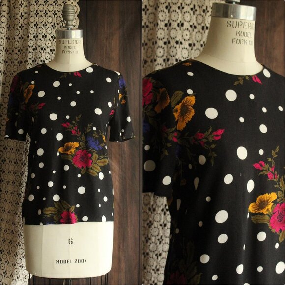 Vintage 1980s 1990s Blouse, Norton McNaughton Petites Polka Dot and Floral - Picture 1 of 11